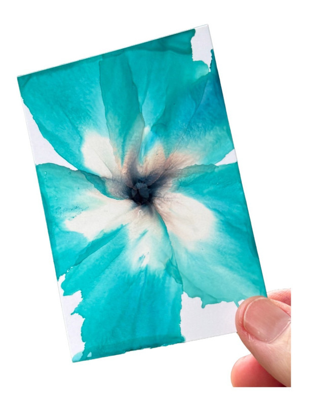 ACEO #050 Alcohol Ink Teal Flower Hand Painted, Artist Trading Card, 3.5×2.5