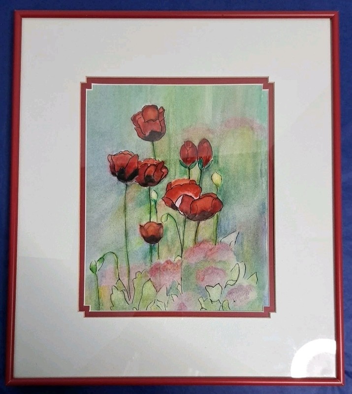 Original Watercolor Painting Signed Dated 2016 Floral Pattern Red Metal Frame…