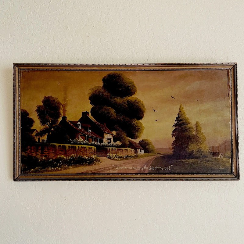 VTG 1940’s Oil Painting West Virginia House on a Road w/ Trees in Frame~25”x 13”