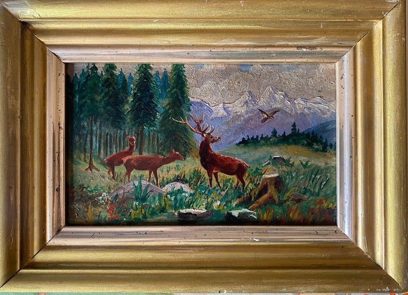 ::OIL PAINTING AROUND1890 DEER DEER AND ROE DEER ON FLOWER MEADOW OFF MOUNTAIN PANORAMA