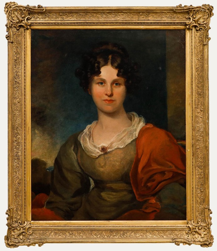 British School Early 19th Century Oil – Regency Lady with Red Shawl