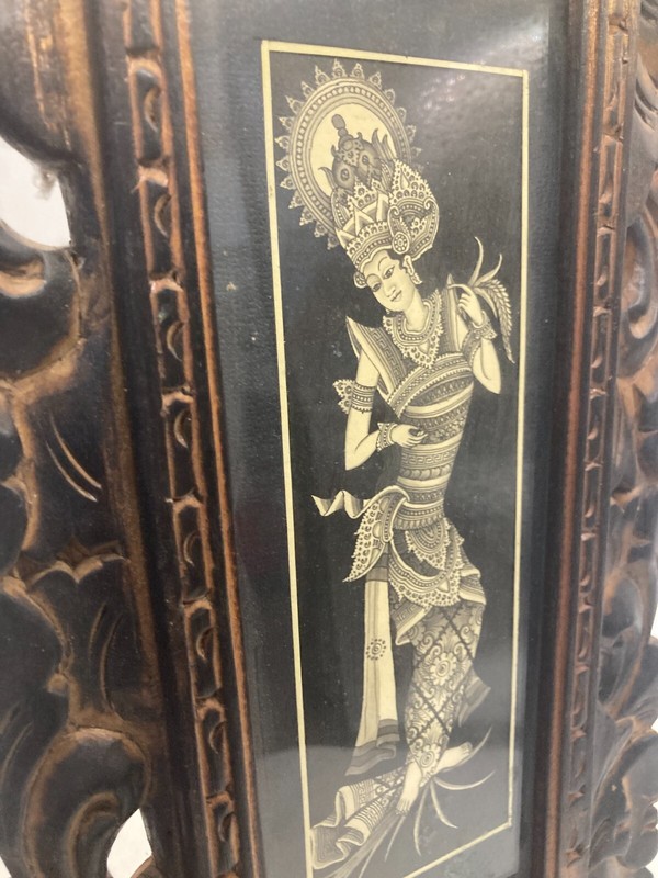 Vintage Bali Painting With Original Ornate Wood Carved Frame 34 x 19 cms gallery
