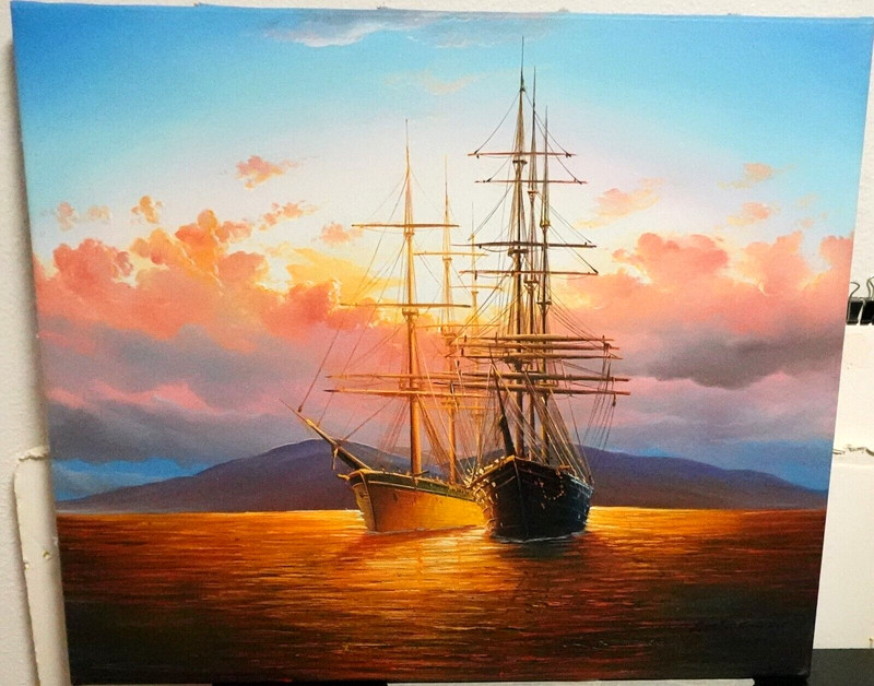 AMBROSE LARGE OIL ON CANVAS SAILING CLIPPER SHIPS AT SUNSET SEASCAPE PAINTING