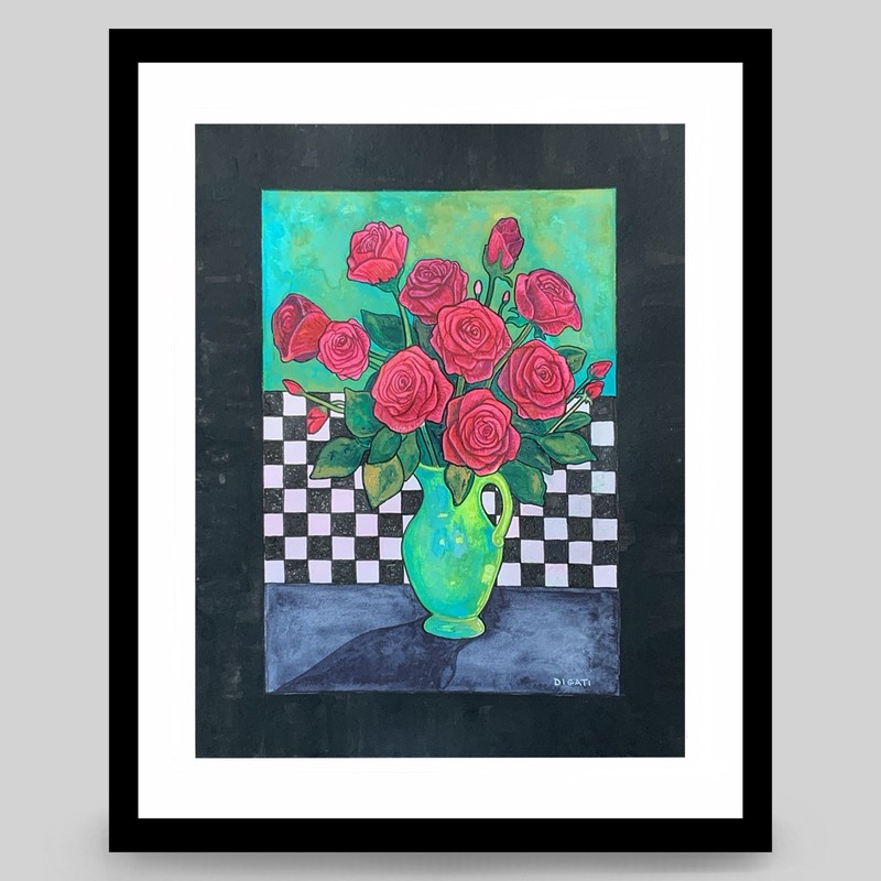 Original Fine Art Pink Roses Green Vase Checkerboard Watercolor Unframed 11×14