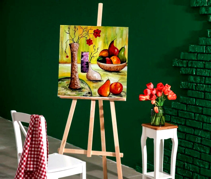 Fruits and flowers in a vase on the table.Original oil painting on canvas 10x10" gallery