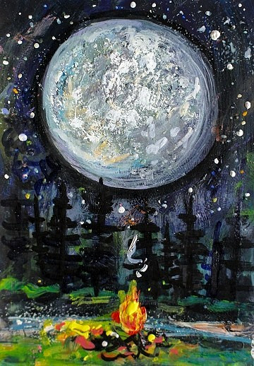 ORIGINAL ACEO Painting CAMPFIRE Moon Fire TREES Woods Bonfire Firepit ATC ART