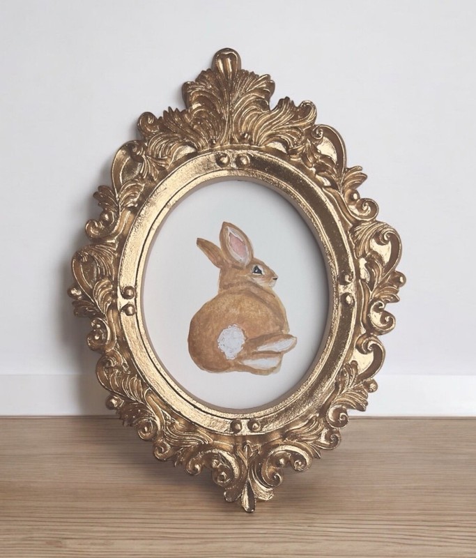 Bunny Rabbit watercolor print of painting in mini gold vtg style ornate frame