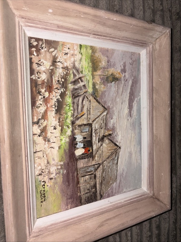 Mid Century Folk Art Oil Painting Permanent Pigments Cincinnati Cabin Framed gallery