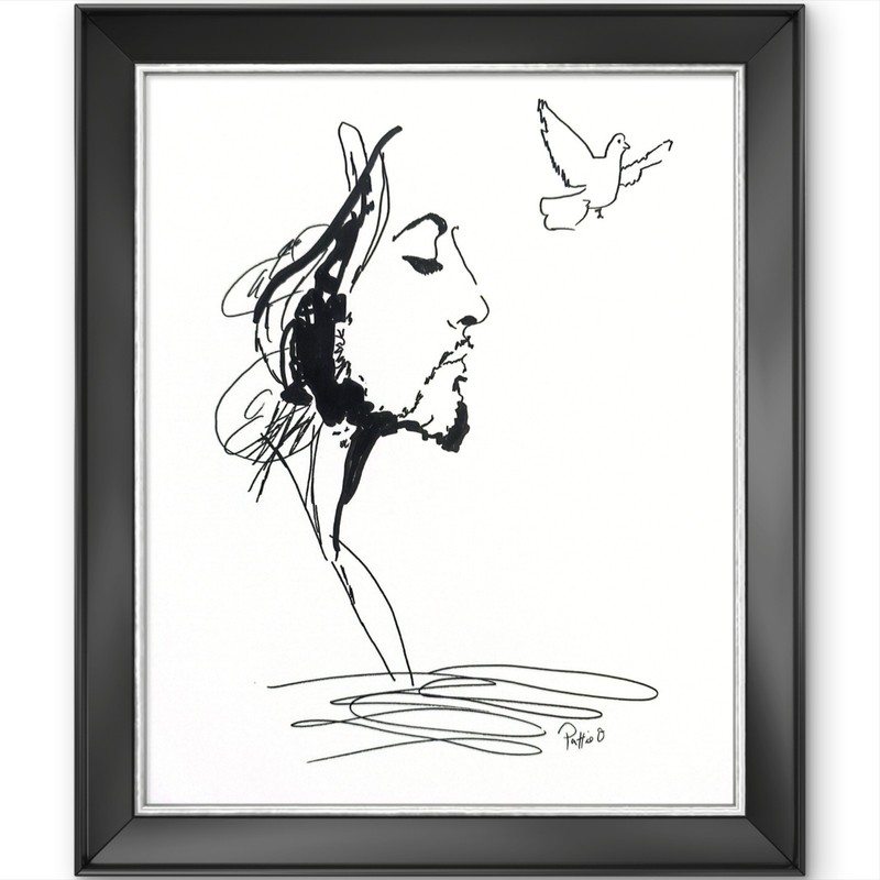 Jesus Baptism Original Ink Drawing 11×14 Gallery Paper Dove Faith Art Signed