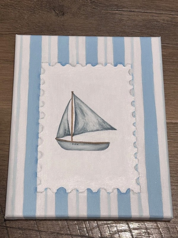 AMAZING SAILBOAT STAMP ART ACRYLIC PAINTING BOAT HOUSE BEACH HOUSE AIR B&B 8×10