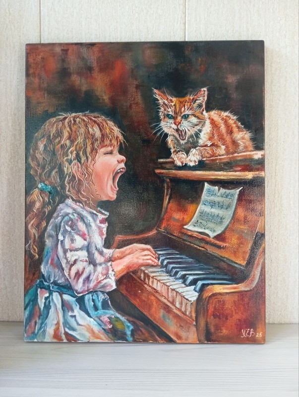 Beautiful Children Art Little Girl Singer Handmade Original Oil Painting