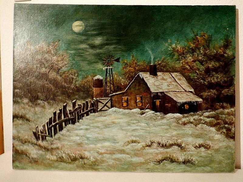Original Oil on Canvas Texas Country Home Winter Scene unsigned 18″ x 24″