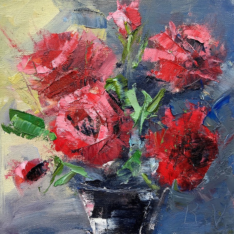 Red Roses oil painting 8×8 impressionism handmade original floral wall art decor
