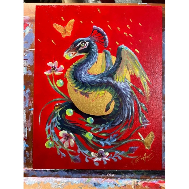 ORIGINAL Dragon painting snake art peacock fowl surrealism fantasy Artwork USA
