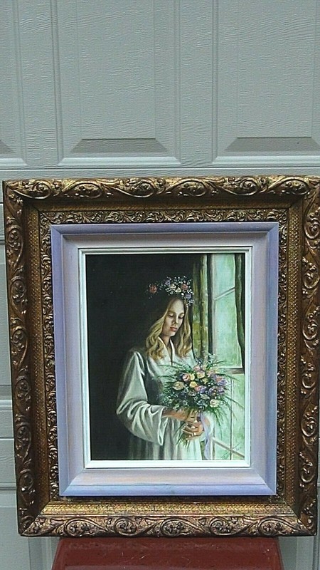 VINTAGE 1956 ITALIAN OIL ON CANVAS PORTRAIT A YOUNG GIRL WITH FLOWERS,SIGNED