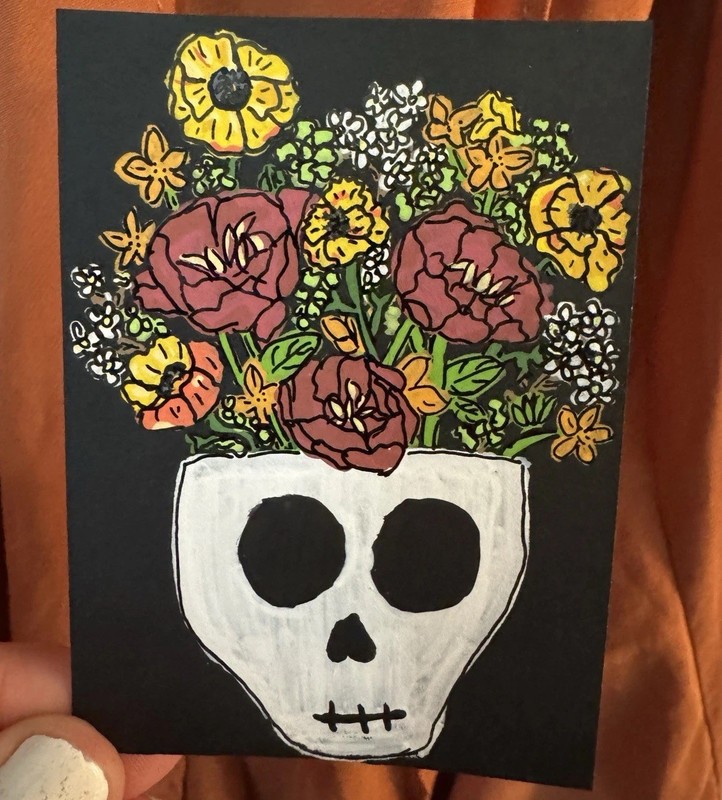 ACEO Original Painting Skull Floral Spooky Halloween ATC Bouquet AnnieMakesArt