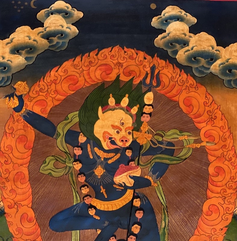 SIMHAMUKHI LION FACED YOGINI ORIGINAL OLD OIL VARNISHED TIBETAN THANGKA PAINTING gallery