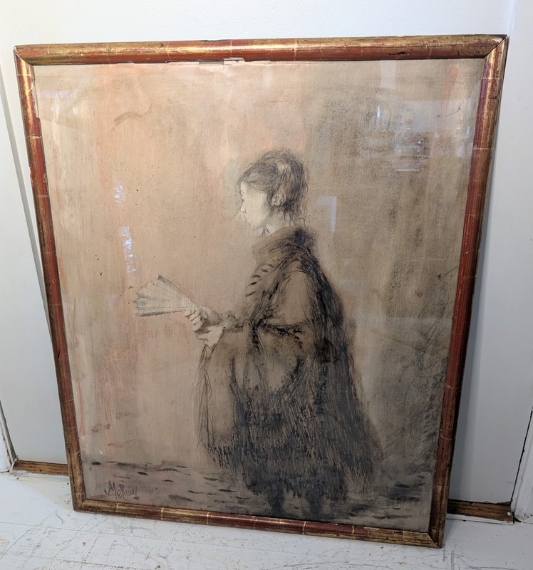 Large Listed Artist Conger Metcalf Mixed Media Painting~ The Paper Fan ~29"x 24"