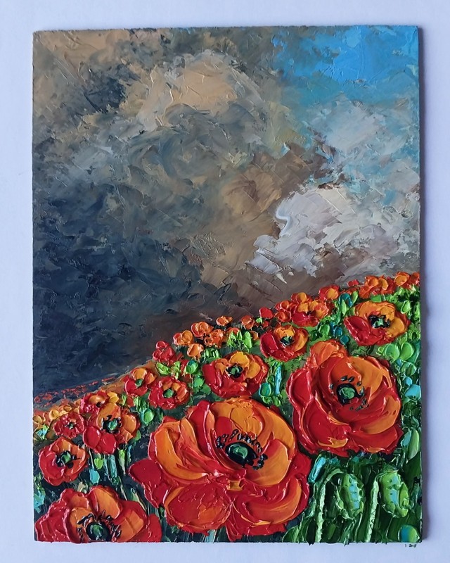 Framed Red Poppy Field Landscape Stormy Cloudy Sky Art 6x8 Oil Painting Original gallery