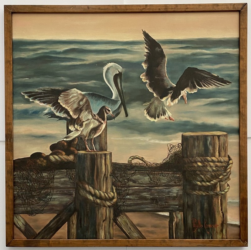 Estate Of Phyllis Komesor VTG Nautical Pelican Birds Seascape Modernism Painting