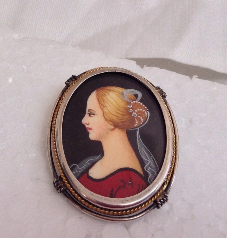 Painted Portrait Brooch & Pendant 800 Silver Renassiance Blond Lady