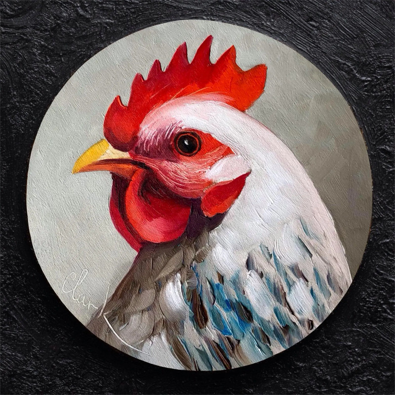 Original Rooster Oil Painting on Wood Panel Mini Farm Bird Wall Art Decor gallery
