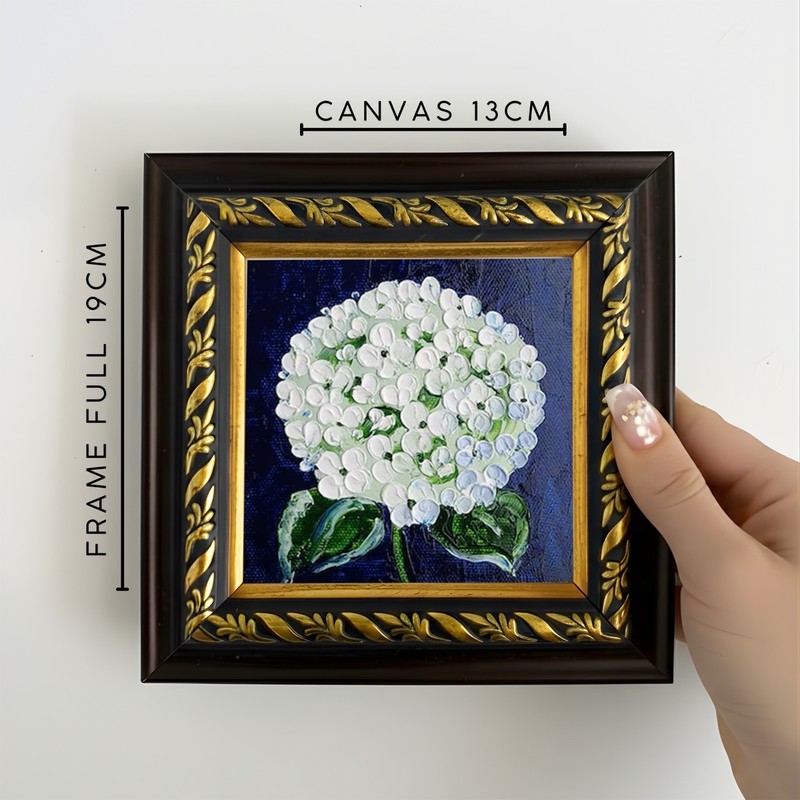 White Hydrangea Flower Painting on 4x4 inch Brown Gold Framed Wall Decor gallery
