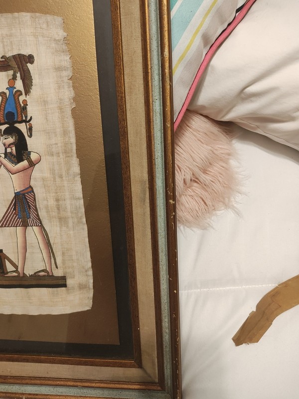 Papyrus Scroll Art Signed Framed Egyptian Gods Osiris Anubis Thoth VTG 21"X14" gallery