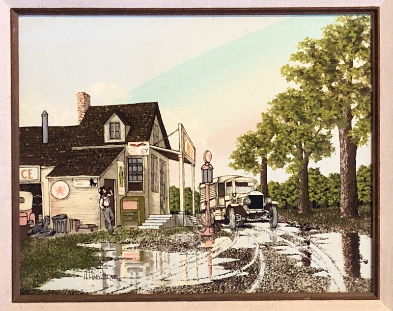 VINTAGE H. HARGROVE PRINT OIL PAINTING OLD COUNTRY ROAD TEXACO GAS STATION STORE gallery