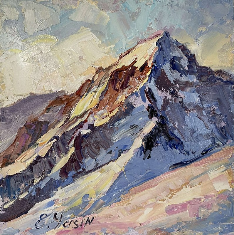 Original oil painting Sunlit Mountain Peak Textured Alpine Landscape Art 8x8 gallery