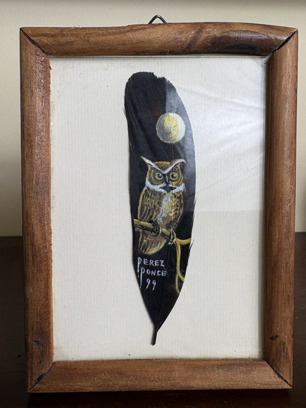 Hand Painted feather Art signed Artist Owl Bird Moon Themed Framed 5.5” X 4” gallery