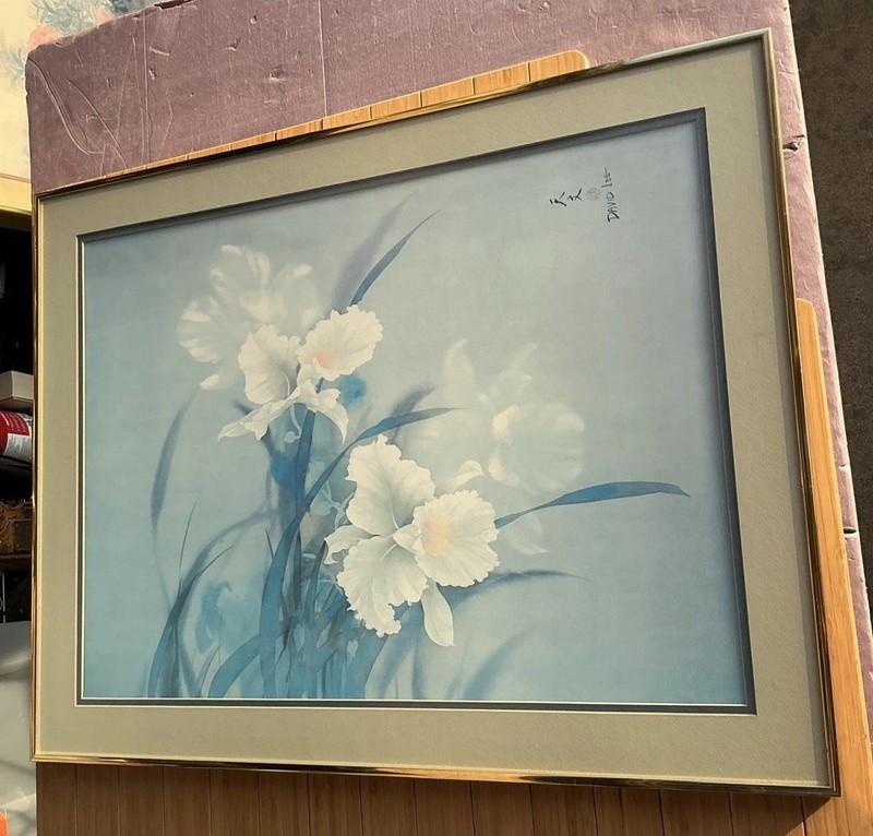 David Lee Flowers Watercolor Painted Lithograph Gold Framed