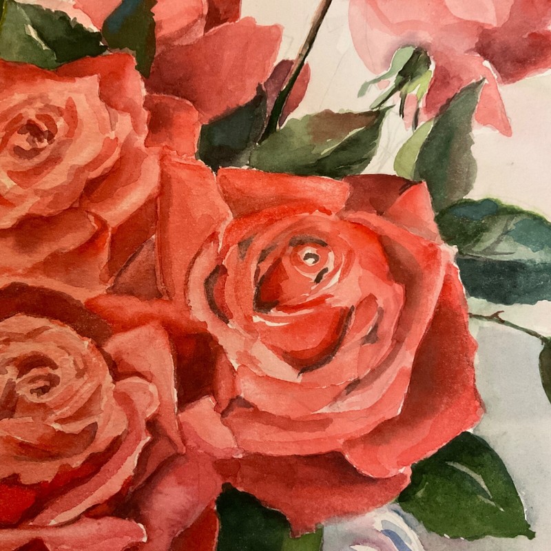 RED ROSE floral flower original watercolor PAINTING by Webber bouquet in glass gallery