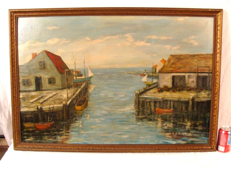 Antique Charles Rodick Fishing Dock Seascape O/B Painting