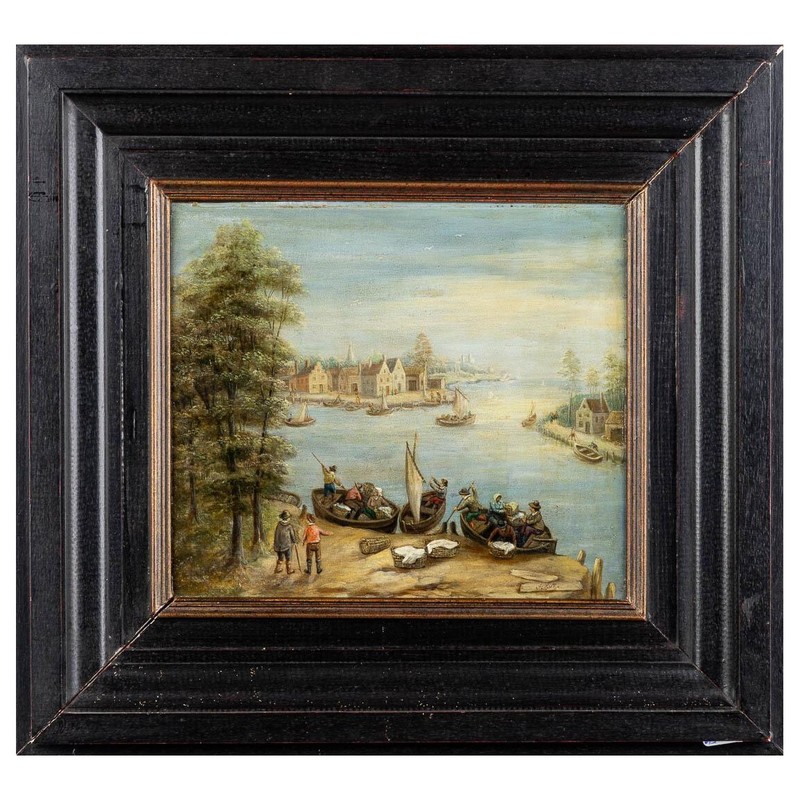 Antique Dutch Painting of a Harbor View inspired by the manner of Jan Brueghel