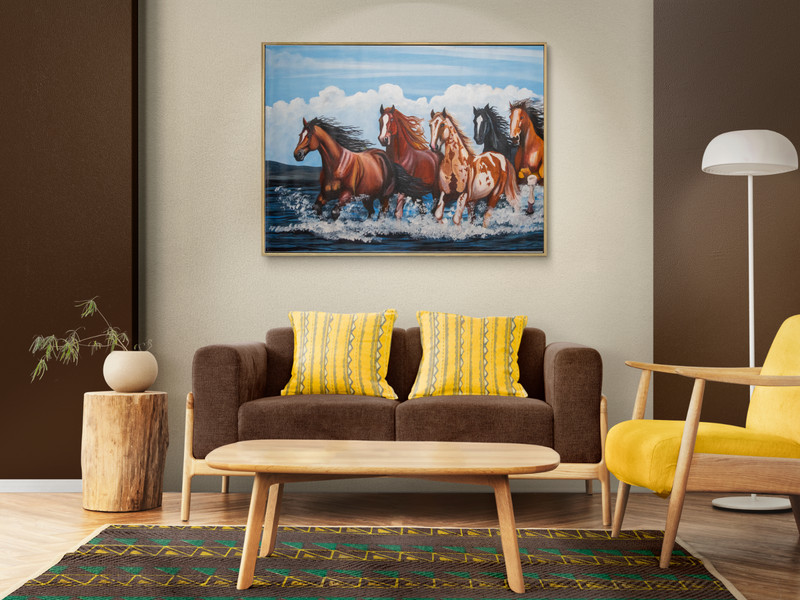 ORIGINAL OIL PAINTING "Five Horses" Feng-Shui Srilanka/Ceylon Wall art gallery