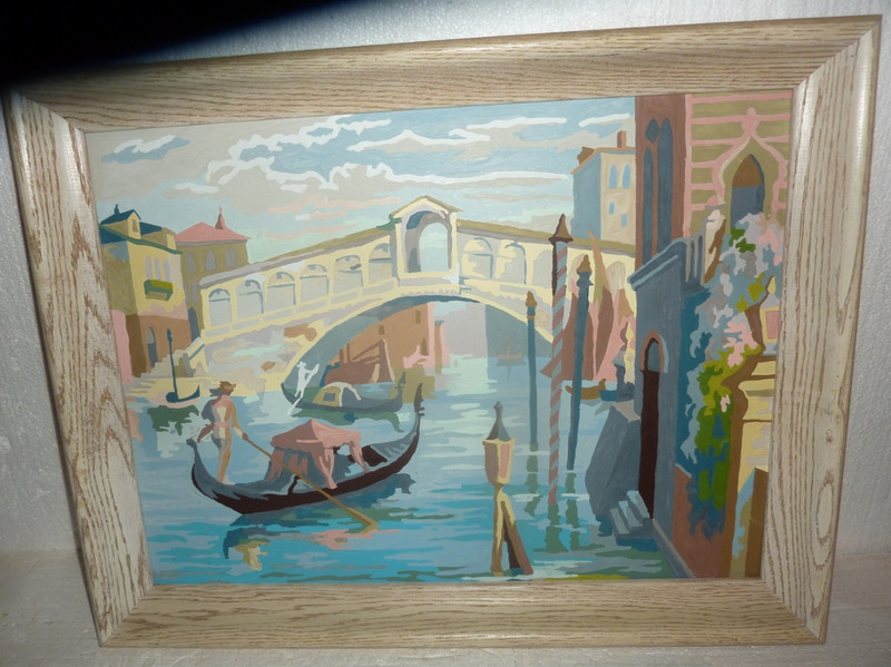 Vintage Large Framed Paint by Number PBN Gondola River Boating Scene 27″ x 21″