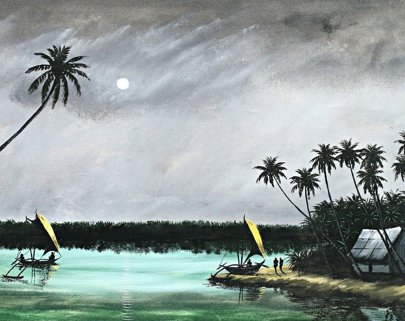 Maritime scene from SRI-LANKA at night, oil on canvas painting, signed Lionel? gallery