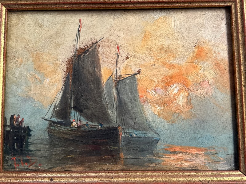 ANTIQUE PAINTING NAUTICAL SUNSET BOATS SHIPS MYSTERY SIGNED 19TH TO 20TH CENTURY gallery