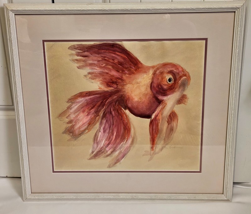 Vtg 1980s Ellen Lowderman Framed Goldfish Watercolor Painting Art 24″ x 22″