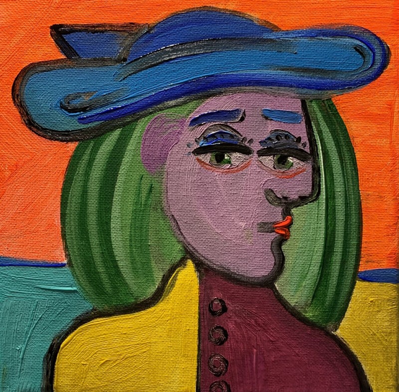 Cubist Modern Art Portrait Figure Painting Signed Original 8×8 Canvas Art Design