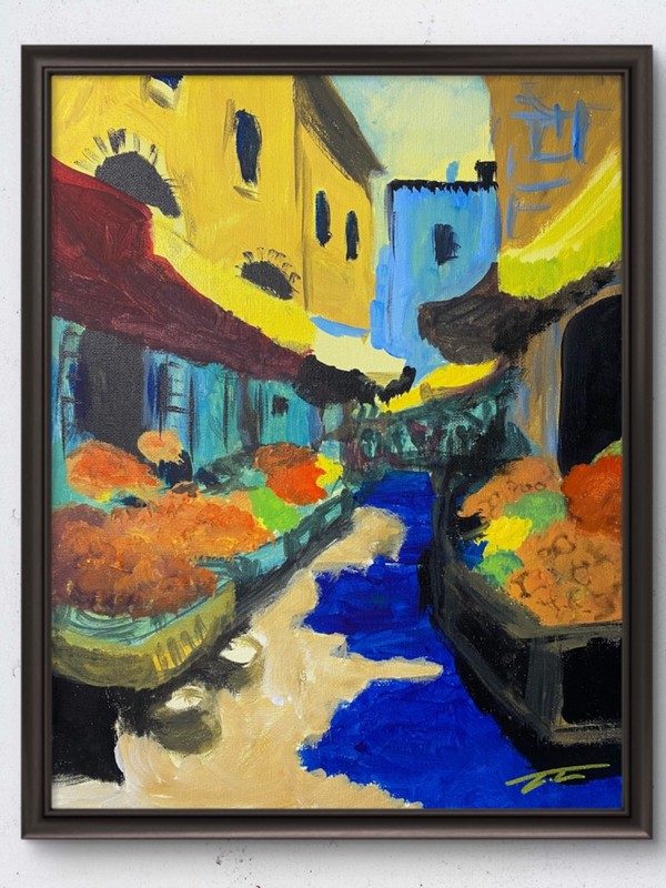Fruit Market Colorful Mediterranean Acrylic Original Art 14×11 Canvas