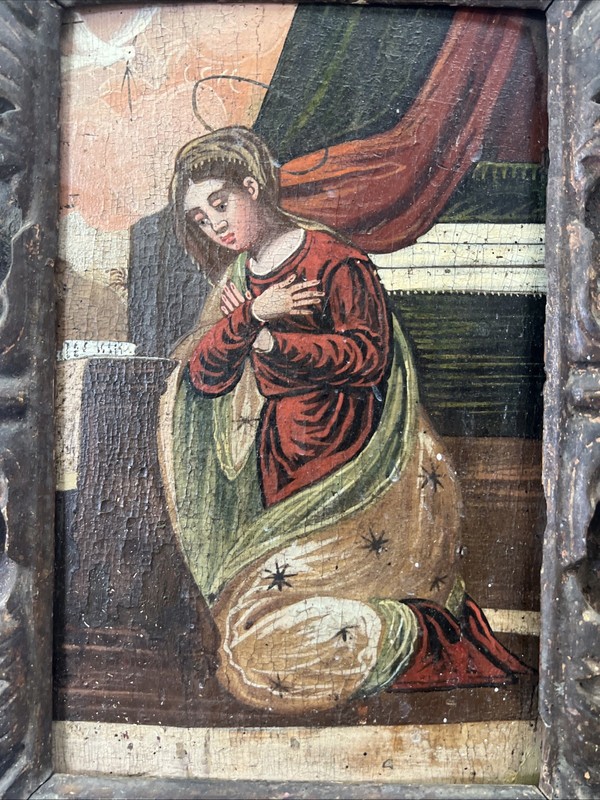 Spanish Colonial Old Master Annunciation Virgin Oil on Board, Framed Painting gallery