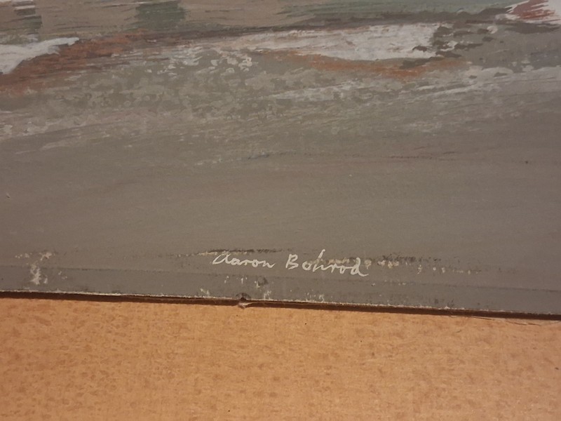 Aaron Bohrod original signed realism painting, unframed, street scene buildings