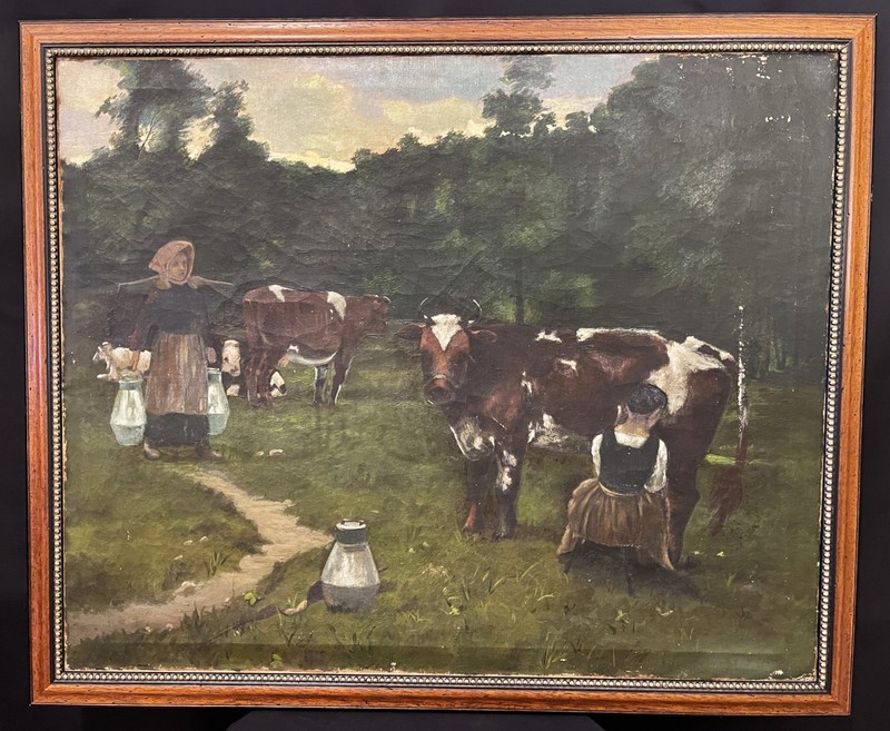 1880s Reproduction of Jules Dupre – «Milking Time» Oil/Canvas 26″x32″ Original
