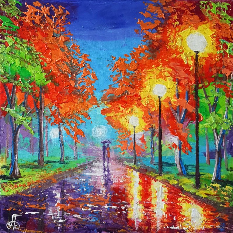 Oil Painting Rainy Park Alley Night Lights Reflections Couple Gift Impressionist
