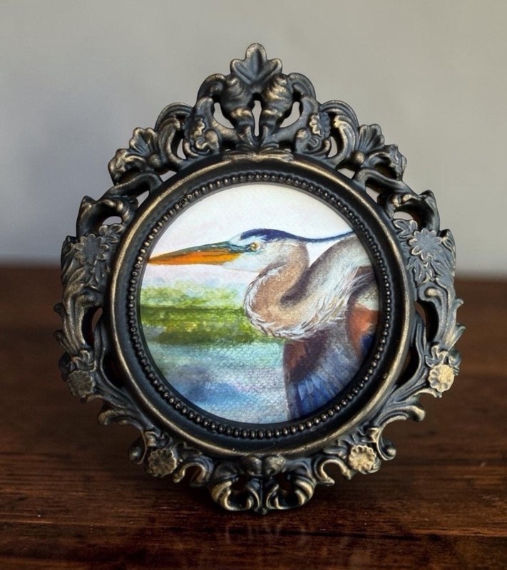 Blue Heron mini watercolor bird print of original painting • ornate frame gallery