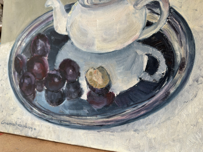 Original art still life oil painting on canvas "Plum tea" 11,8*15,7 gallery
