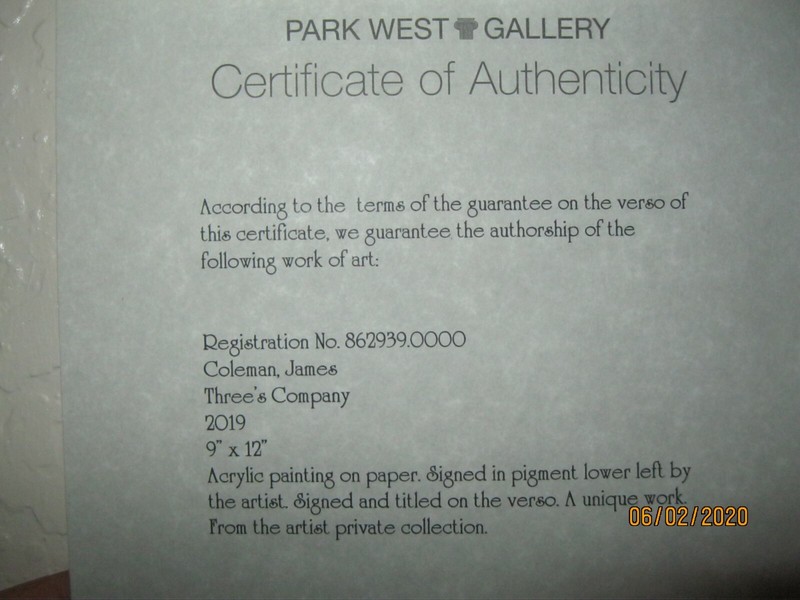JAMES COLEMAN THREE'S COMPANY SIGNED ACRYLIC PAINTING ON PAPER 1 OF 1 gallery