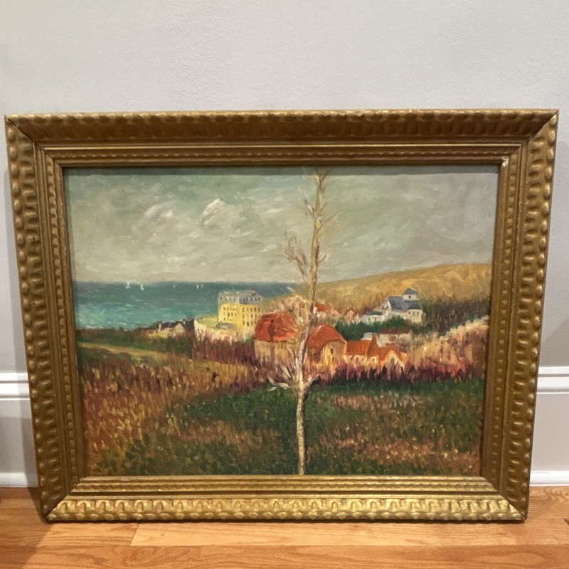 French Seaside Town (FRAMED)— 20th Century Oil on Canvas Impressionist Painting
